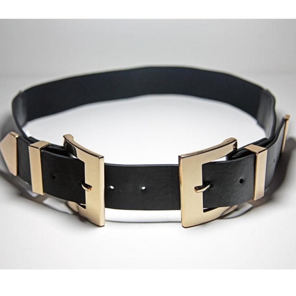 Gold Chunky double buckle Black vegan leather wide waist corset belt - Picture 16 of 16